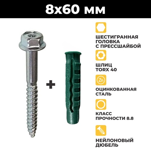 Фото 6555880 Burke Шуруп с шестигранной головкой DIN571, торкс 40, пресс-шайба, SW 13, 8 x 60 мм в комплекте с нейлоновым дюбелем 10х50 мм [6555880]