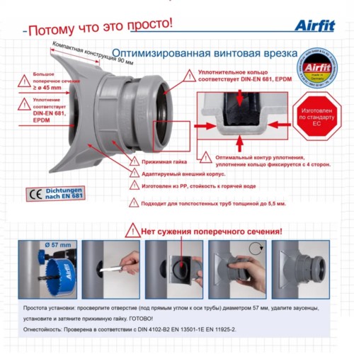 Фото 21050AZ Врезка 110х50 в канализационную трубу полнопроходная, Airfit Германия [21050AZ]